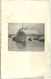 Scan of a top page of report that has no text just an image of a ship with the caption, “The Leviathan docking, with troops on deck waving.”